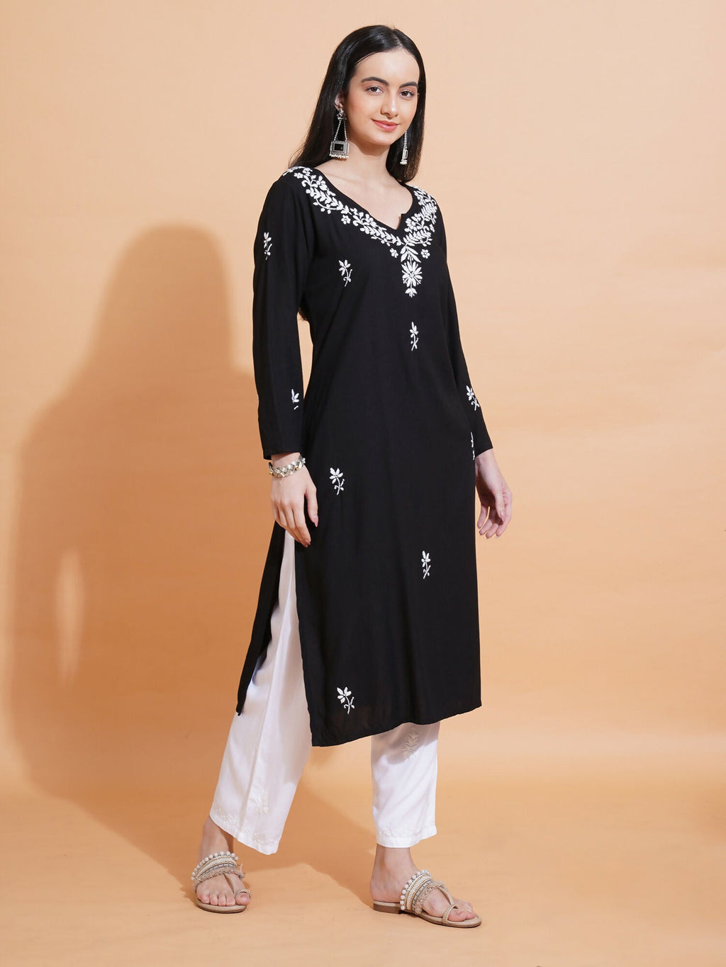 Pahnaz Luxury Rayon Chikankari Long Kurti-Black | Grocsy