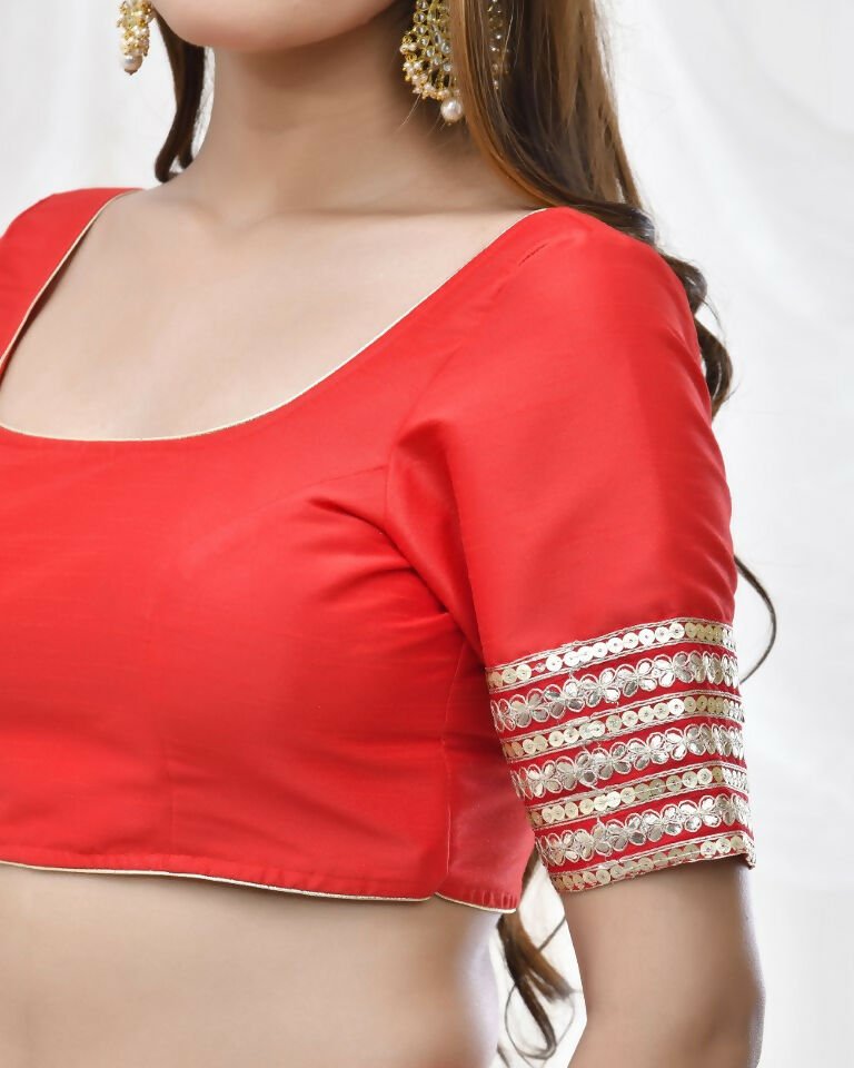 Amodini Designer Studio Red Blouse with Embellished Thread Embroidery Sleeves | Grocsy