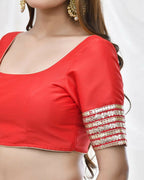 Amodini Designer Studio Red Blouse with Embellished Thread Embroidery Sleeves | Grocsy