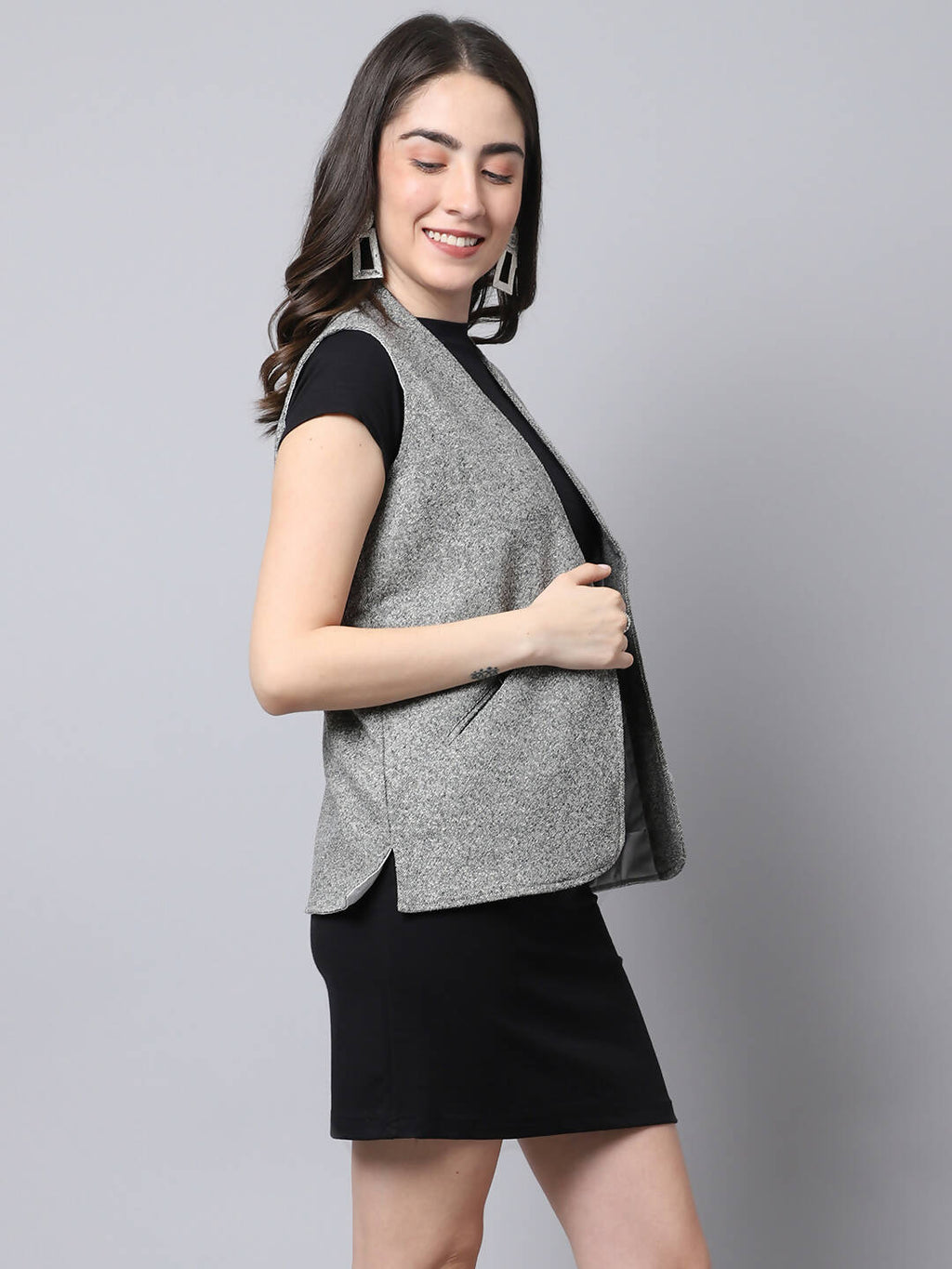 Even Apparels Grey Pure Wool Open Front Women's Waistcoat | Grocsy