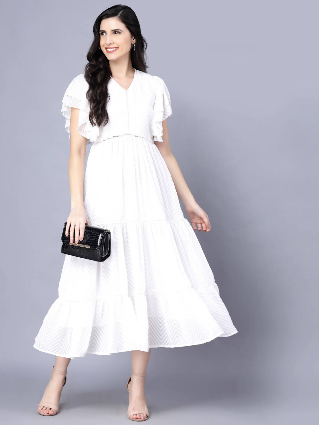 Myshka Georgette Solid Short Sleeve V Neck White Women Dress | Grocsy