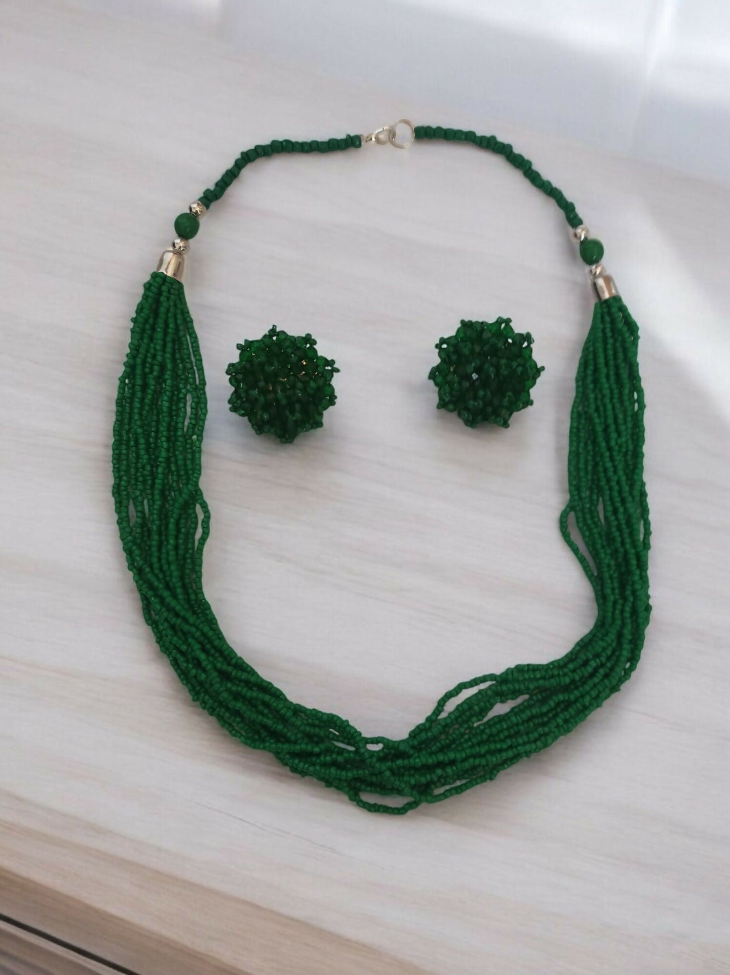 Inhanns Bloom Handmade Beaded Necklace With Earrings - 12 Layers - Darkgreen Necklace Set | Grocsy