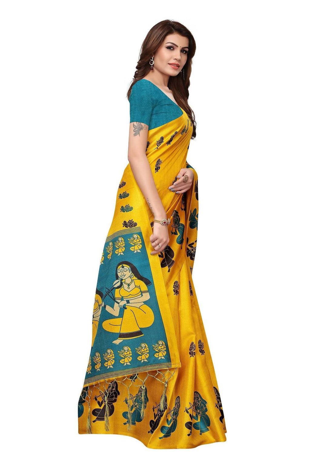 Vamika Yellow & Blue Kalamkari With Jhalar Khadi Silk Saree | Grocsy