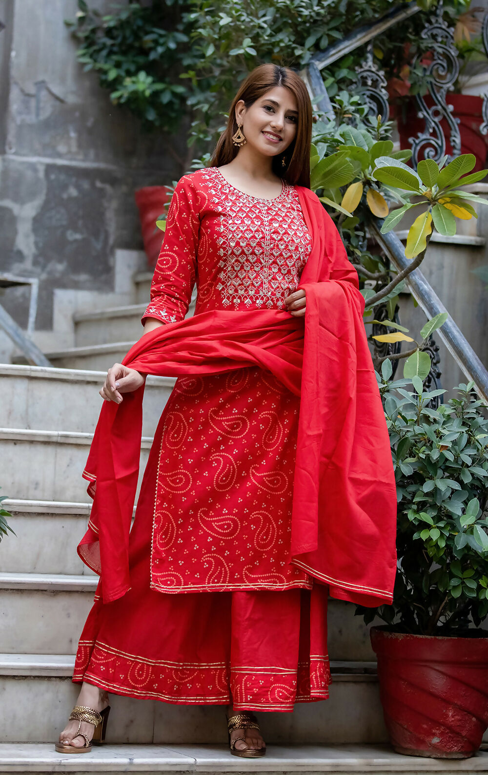 Kaajh Women's Red Bhandej Embroidered Kurta Sharara With Dupatta Set | Grocsy