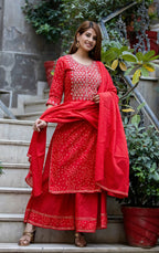 Kaajh Women's Red Bhandej Embroidered Kurta Sharara With Dupatta Set | Grocsy