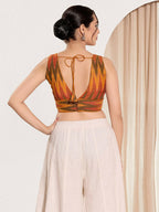 Joban Fashion Mustard Ikat Silk Padded Blouse With V Neck Sleeveless | Grocsy