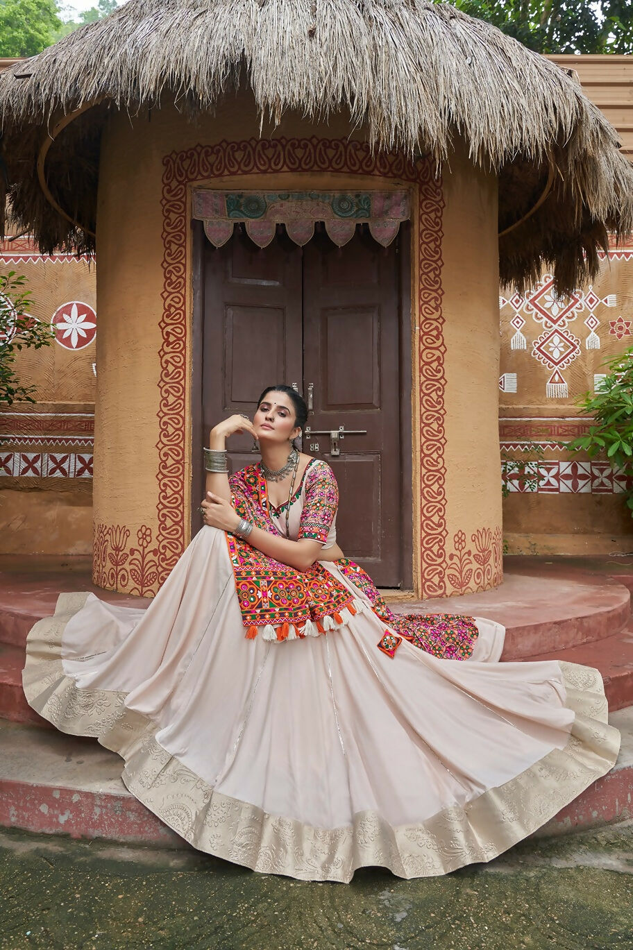 AI Fashion Beige Viscose Rayon Designer Navratri Lehenga Choli Collection | Grocsy