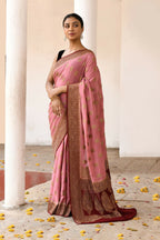 Joban Fashion Nude Pink Crepe Chiffon Pure Handloom Banarasi Silk Saree | Grocsy