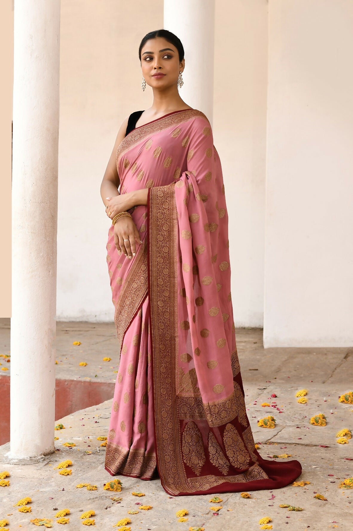 Joban Fashion Nude Pink Crepe Chiffon Pure Handloom Banarasi Silk Saree | Grocsy
