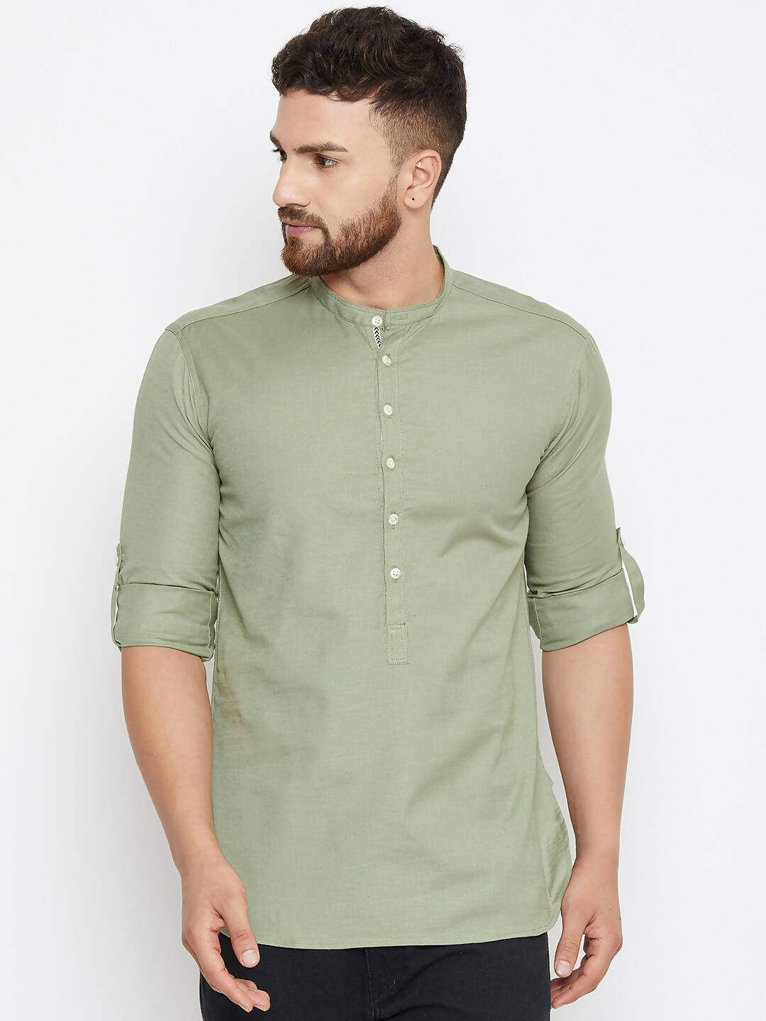 Even Apparels Green Color Men's Pure Cotton Kurta With Band Collar | Grocsy