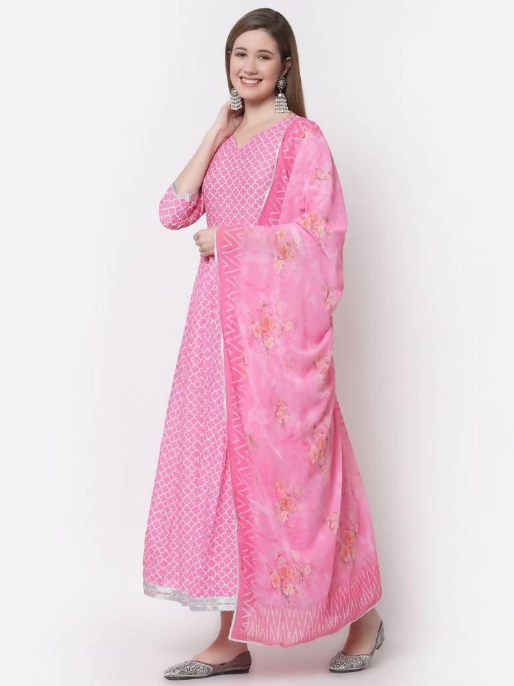 Myshka Pink Color Cotton Blend Printed Anarkali Kurta With Dupatta | Grocsy