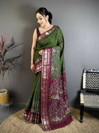 Prime Volt Premium Viscose Silk Kalamkari Saree with Peacock Zari Border & Bandhani Blouse-Green | Grocsy