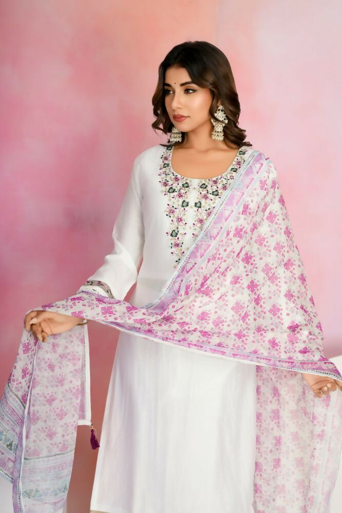 Ethnic Festive Wear Viscose Chanderi White Stitched Suit With Dupatta - Tanisha | Grocsy