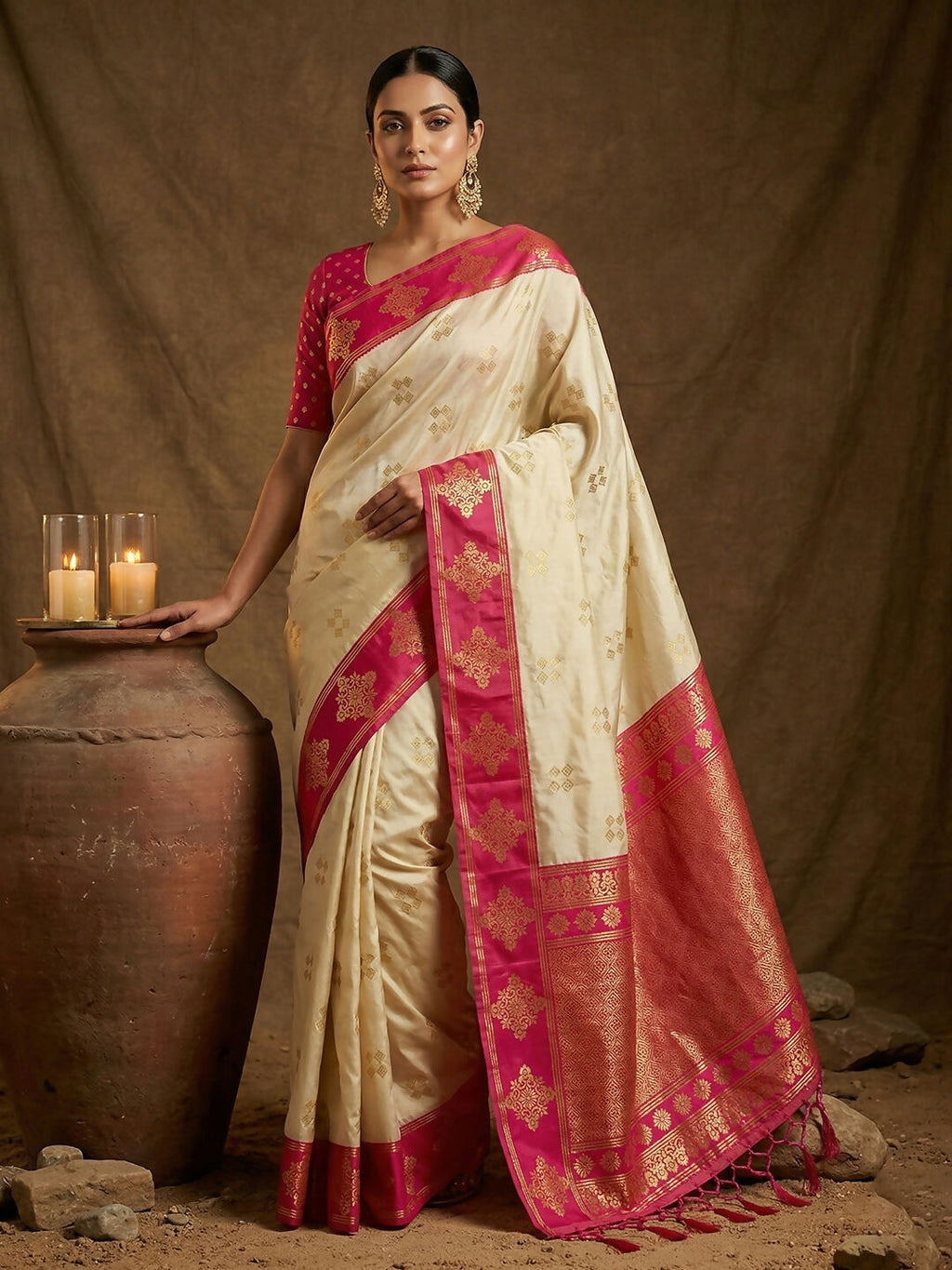 Shree Shyam Fashion Cream Soft Silk Saree | Grocsy