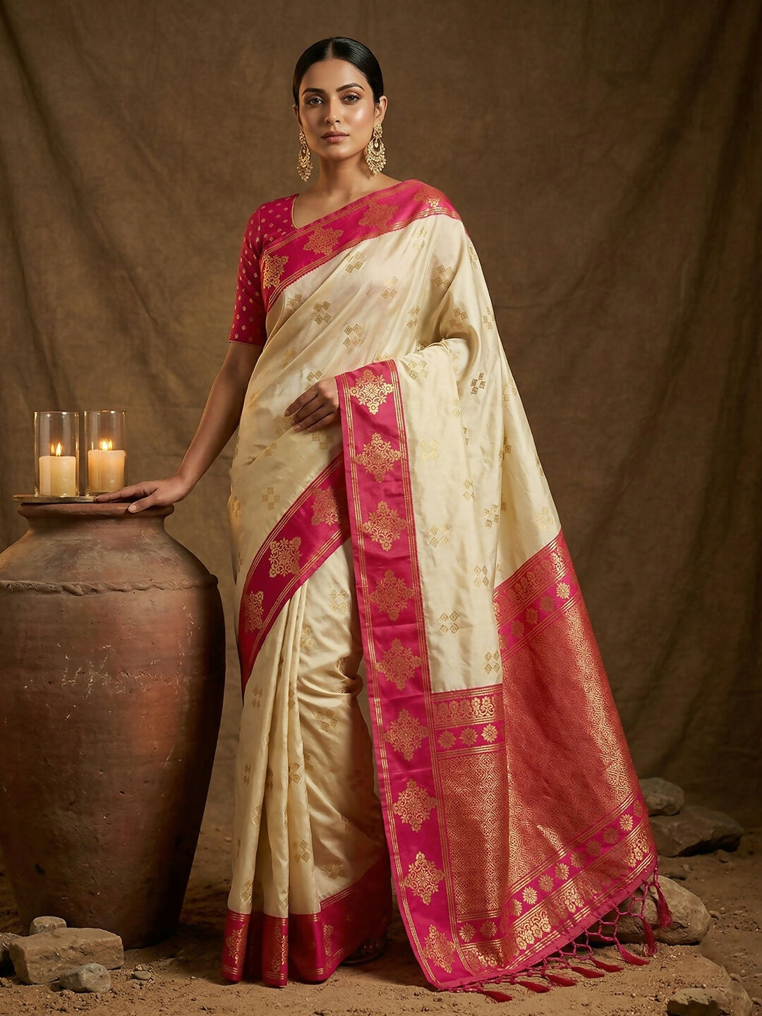 Shree Shyam Fashion Cream Soft Silk Saree | Grocsy