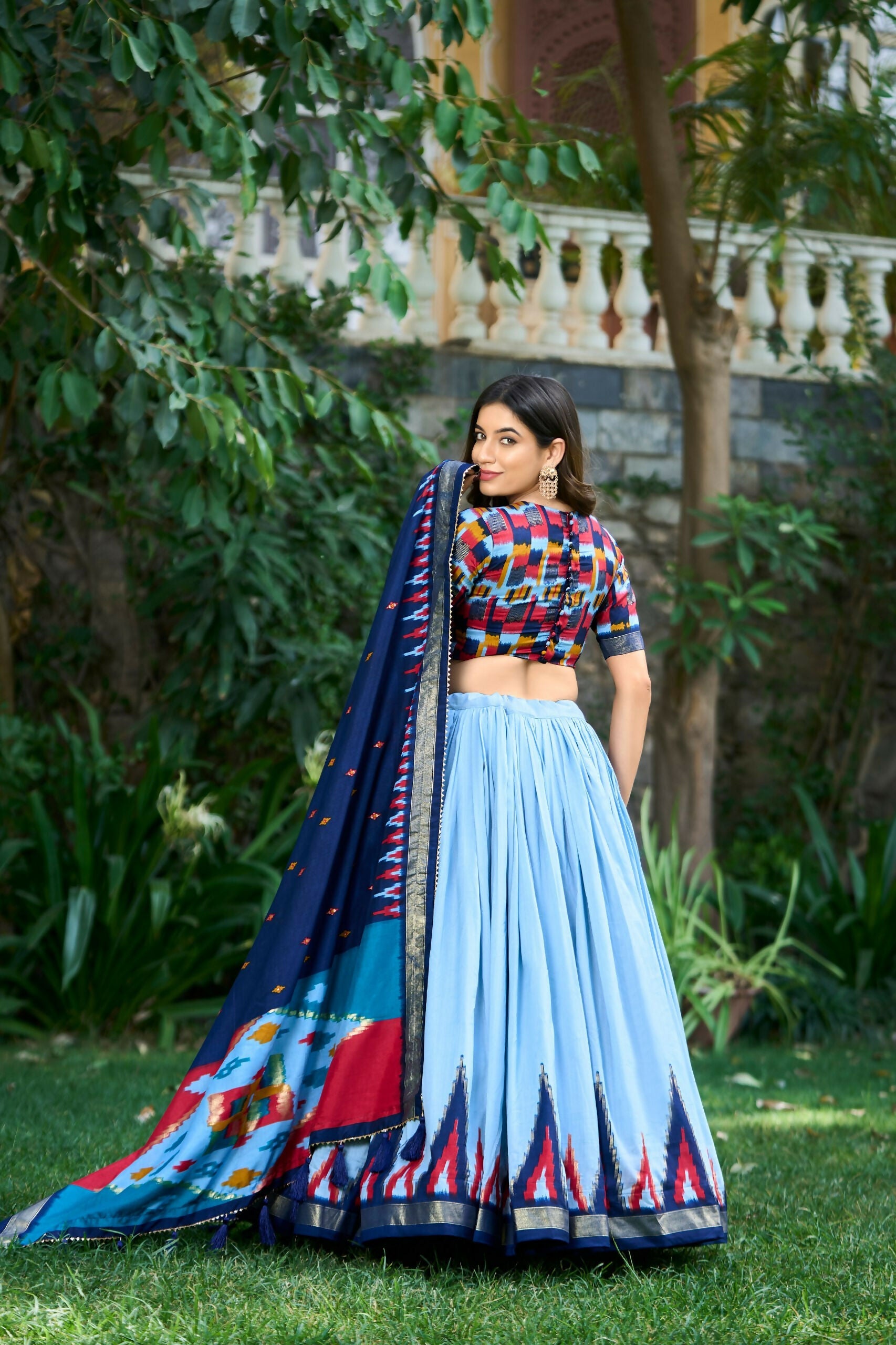Vastranavya Printed and Foil Work Tussar Silk Lehenga with Unstitched Blouse - Sky Blue | Grocsy