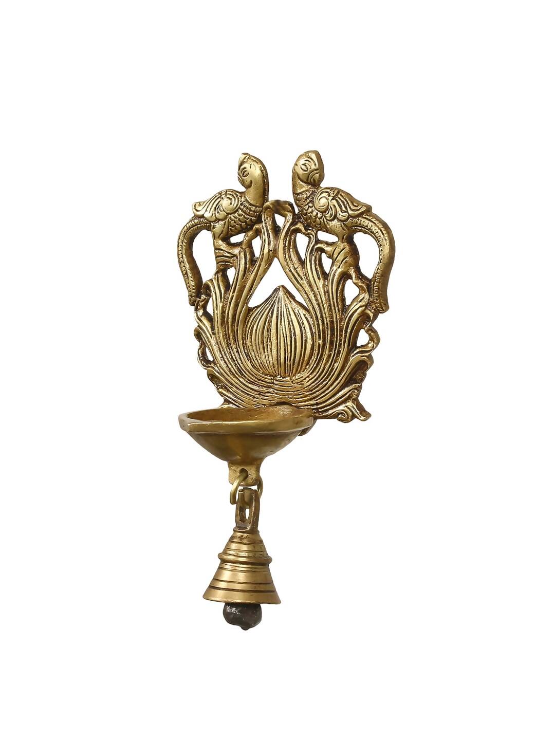 eCraftIndia Gold-Toned Handcrafted Antique Finish Diya with Bells Decorative Wall Hanging Showpiece | Grocsy