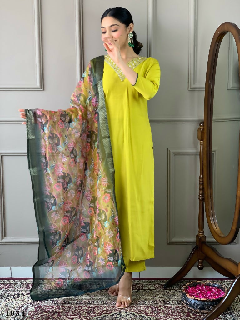 Partywear Designer Lemon Yellow Viscos Chanderi Stitched Suit With Dupatta - Tanisha | Grocsy