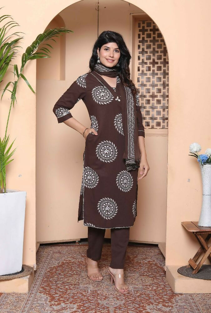 Miravan Womens Animal Print Cotton Brown Stitched Kurta Palazzo With Dupatta Set | Grocsy