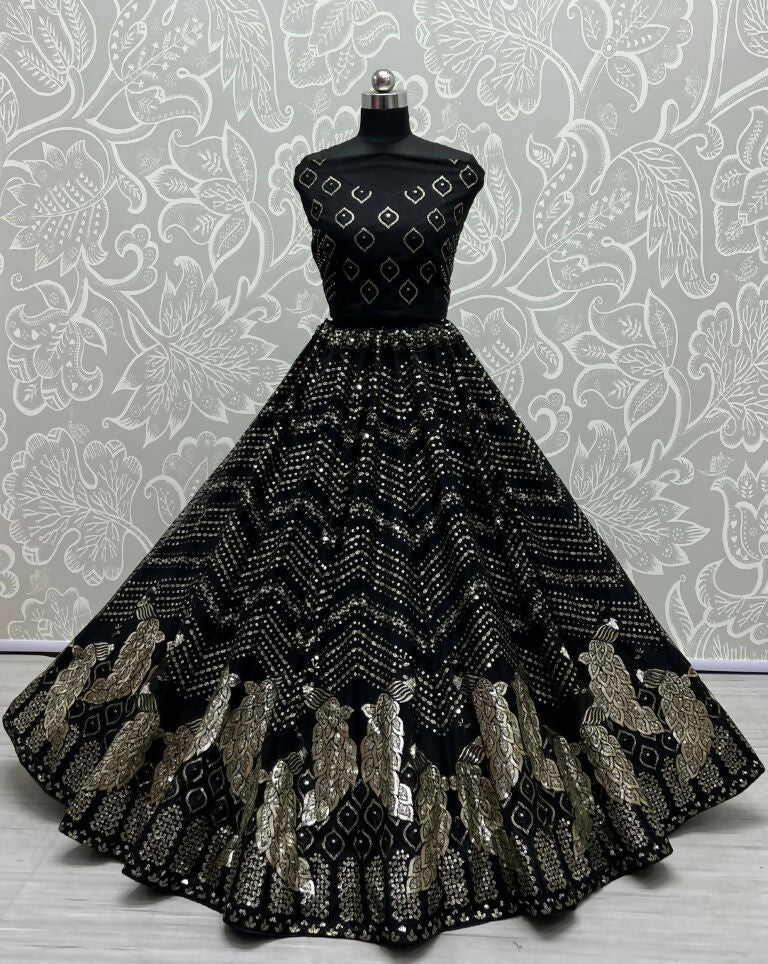 Jyoti Fashion Women's Black Bridal Net Fancy Foil & Sequins with Multi Thread Embroidered Wedding Lehenga Choli | Grocsy