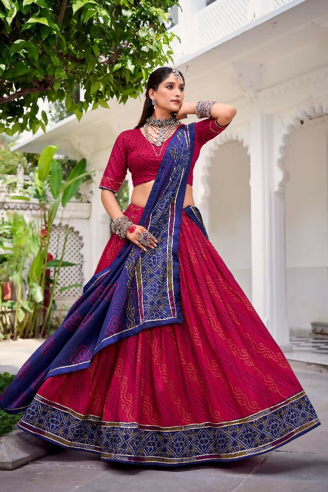 Evanik Pink Tassa Silk With Bandhej Print Lehenga Choli | Grocsy