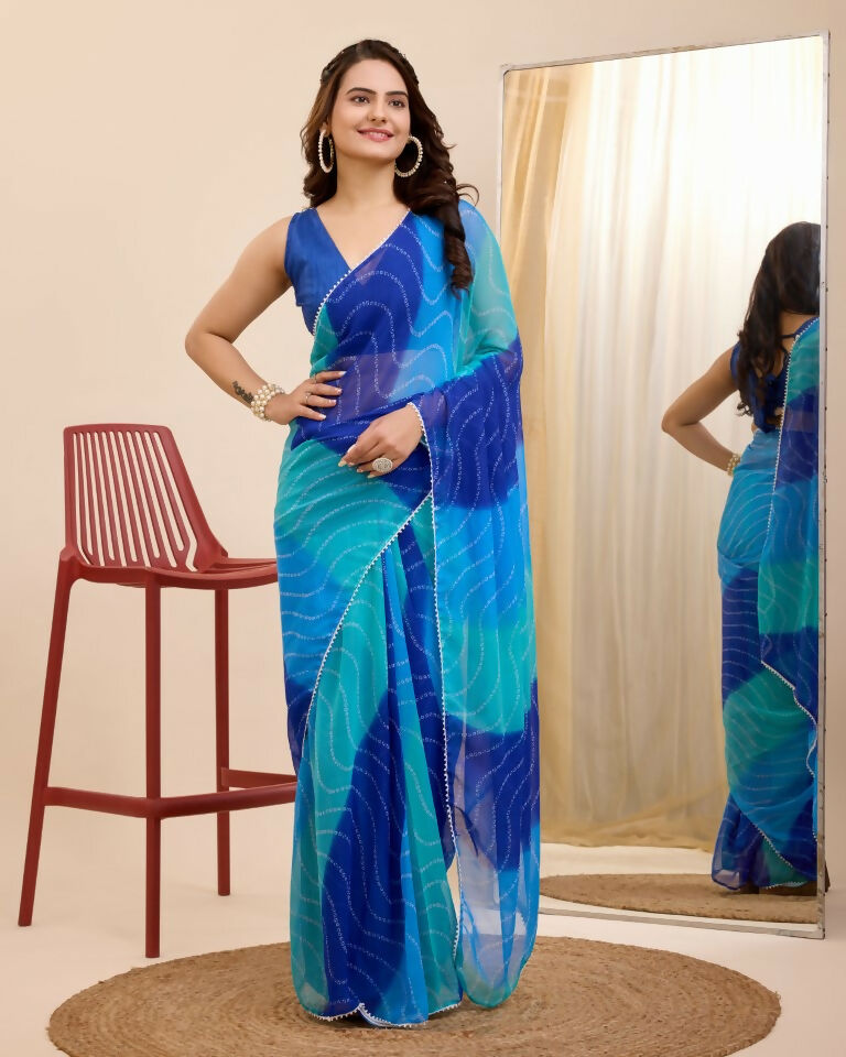 Blue Georgette Designer Printed Ready To Wear Saree - Ibiza | Grocsy