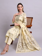 Joban Fashion Beige Cotton Floral Printed & Embroidery Work Kurta With Trousers & Dupatta Set | Grocsy
