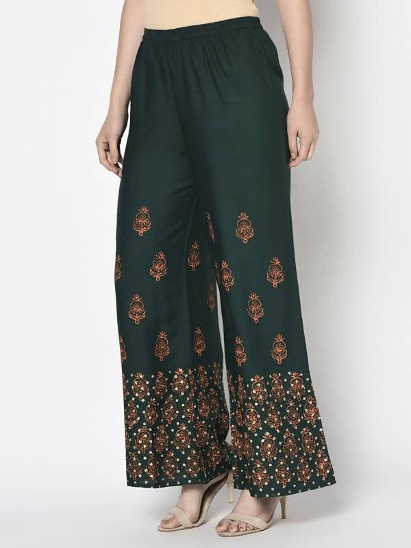 Aniyah Rayon Bottle Green Color Block Print Flared Slip-On Palazzo (AN-219K) | Grocsy