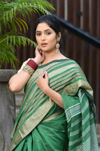 Beatitude Green Cotton Stripes Border Handloom Saree | Grocsy