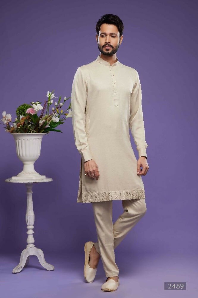 Raivat Ethnic Art Banarasi Silk Thread Work Kurta Pajama In Beige Colour | Grocsy