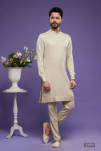 Raivat Ethnic Art Banarasi Silk Thread Work Kurta Pajama In Beige Colour | Grocsy