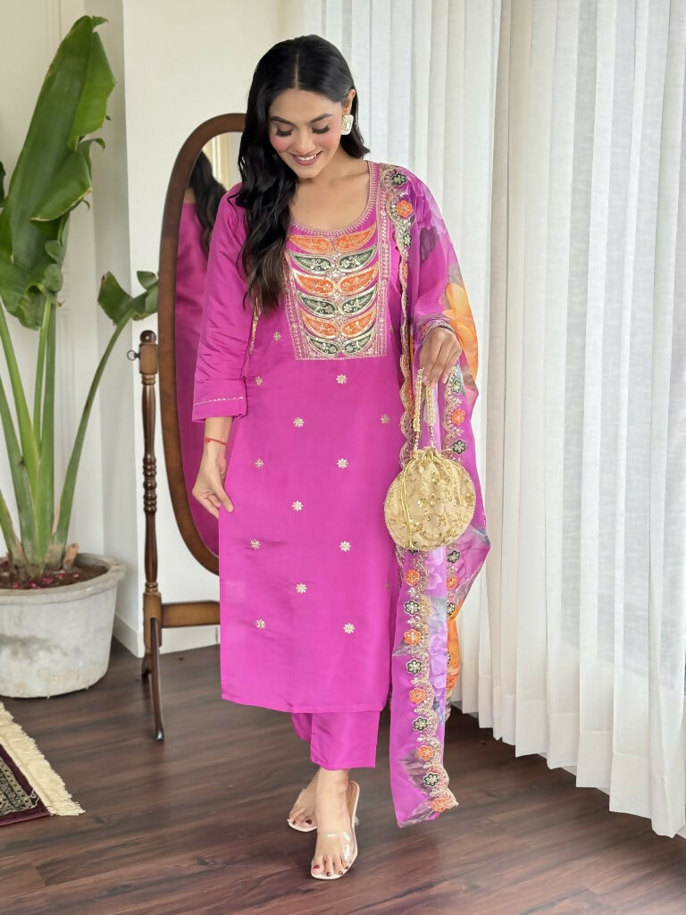 Light purple Viscose Chanderi Stitched Suit With Dupatta - Tanisha | Grocsy
