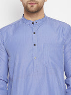 Even Apparels Blue Color Pure Cotton Long Men's Kurta With Band Collar | Grocsy