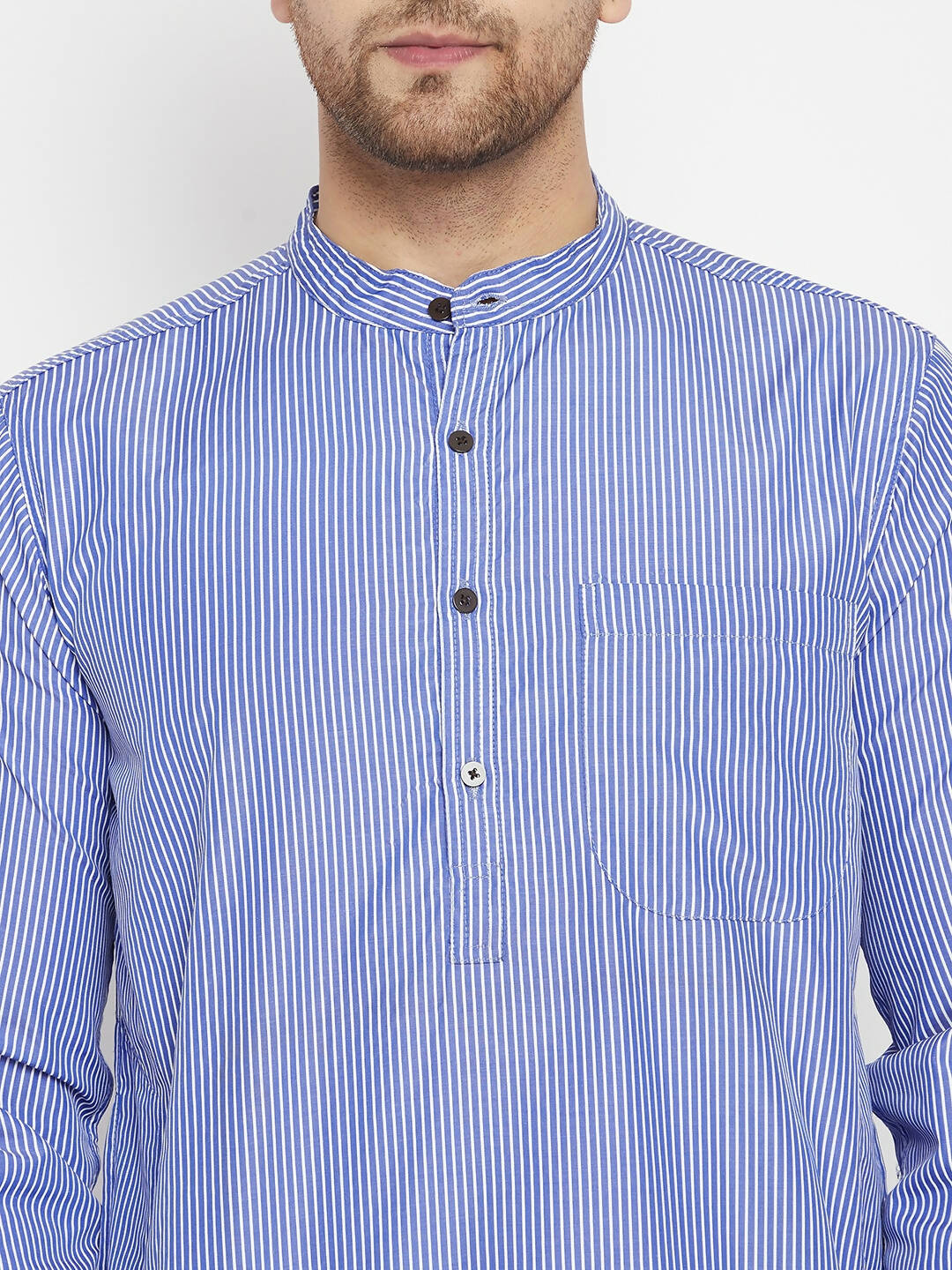 Even Apparels Blue Color Pure Cotton Long Men's Kurta With Band Collar | Grocsy