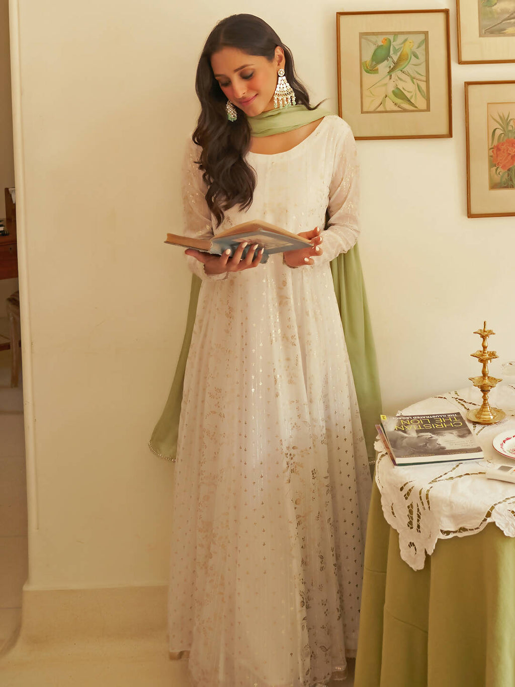 Janasya Women's White Chiffon Lurex Foil Printed Festive Anarkali Kurta Set | Grocsy