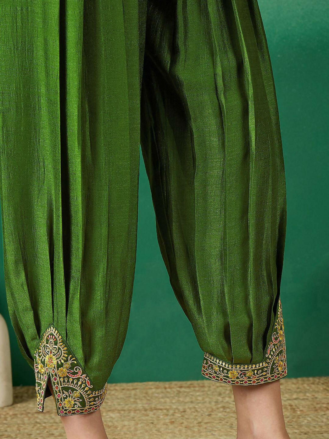 The52 Women's Beautiful Embroidery Work Vichitra Fabric A-line Kurta Pant and Dupatta Set-Green | Grocsy