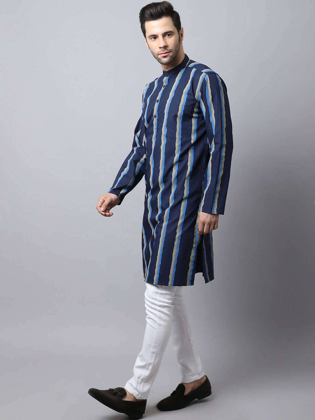 Even Apparels Navy Pure Cotton Men's Kurta With Band Collar (STR1169) | Grocsy