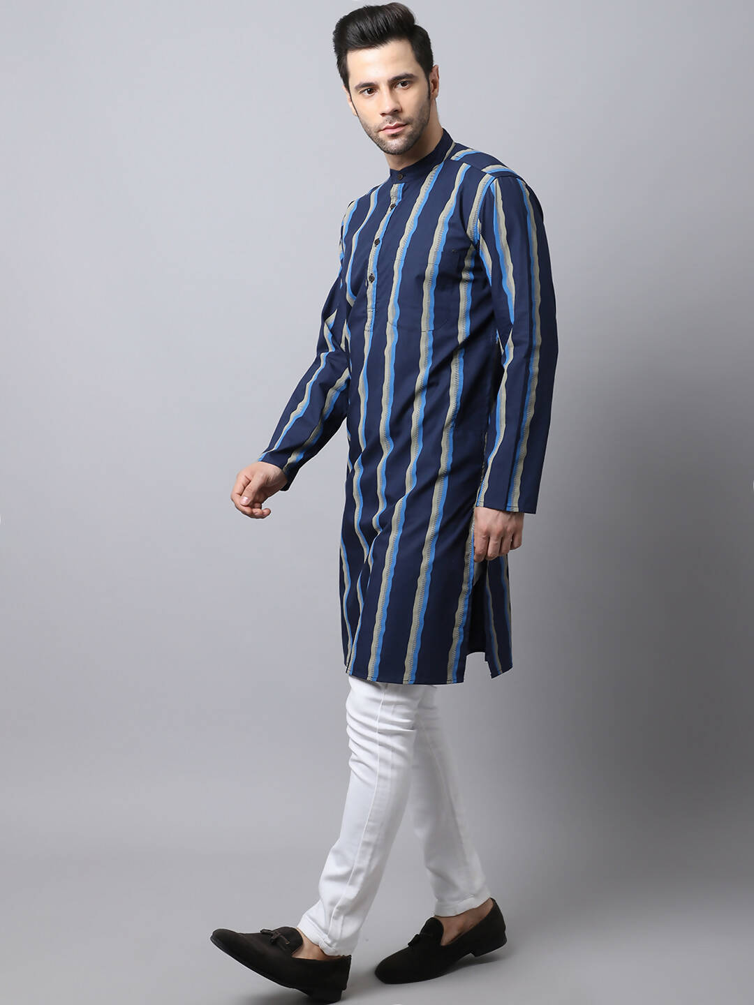 Even Apparels Navy Pure Cotton Men's Kurta With Band Collar (STR1169) | Grocsy