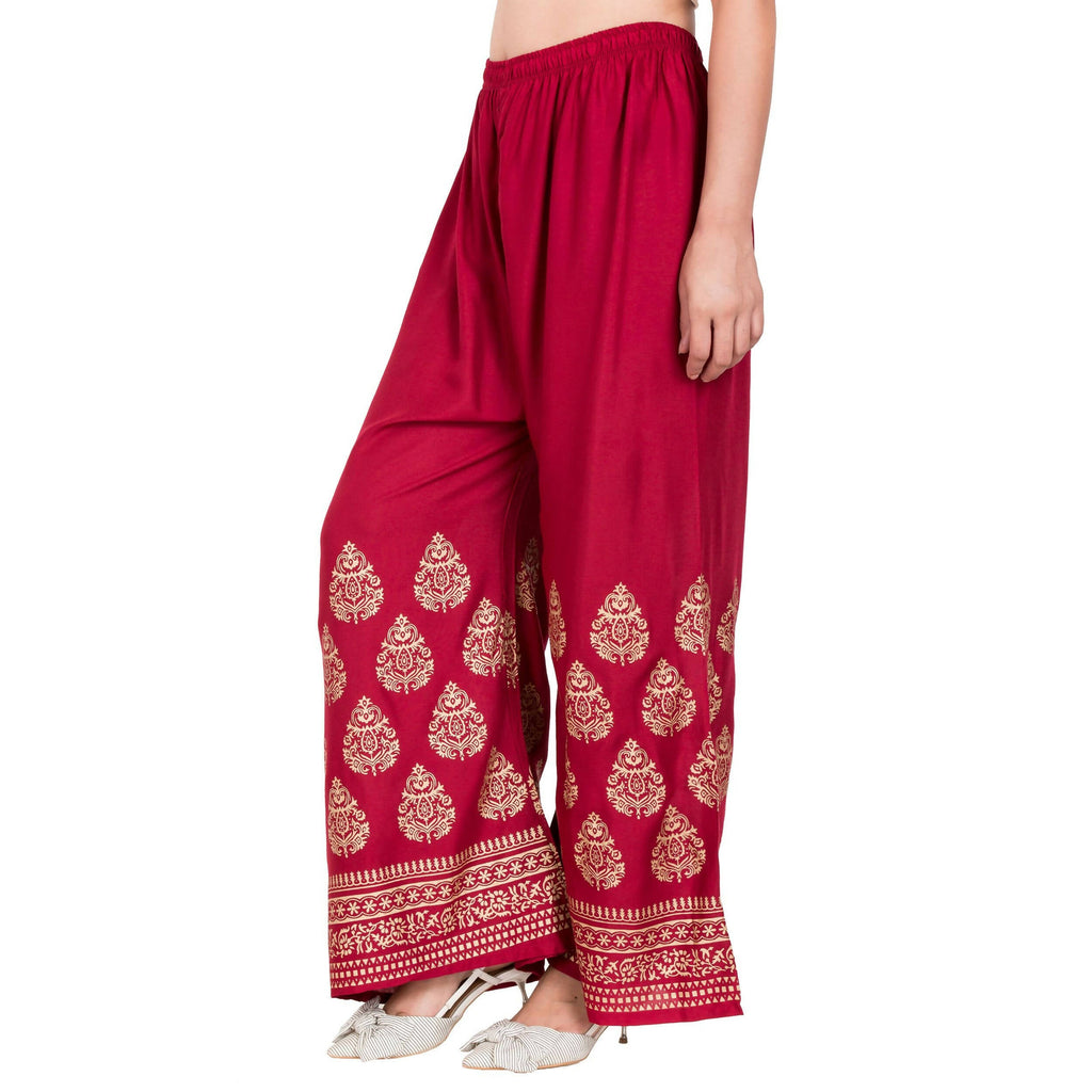 PAVONINE Maroon Color Golden Printed Rayon Fabric Sharara For Women & Girls | Grocsy