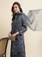 Grey Chinon Silk Embroidered Straight Kurta with Trouser & Dupatta - Salimar | Grocsy