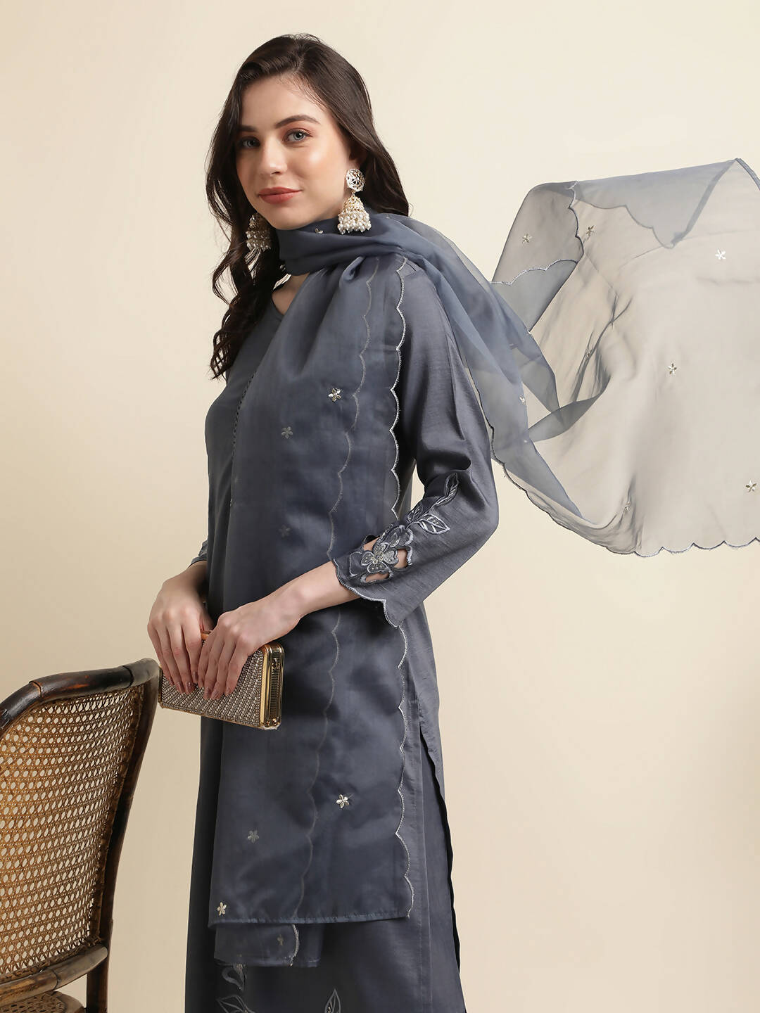 Grey Chinon Silk Embroidered Straight Kurta with Trouser & Dupatta - Salimar | Grocsy