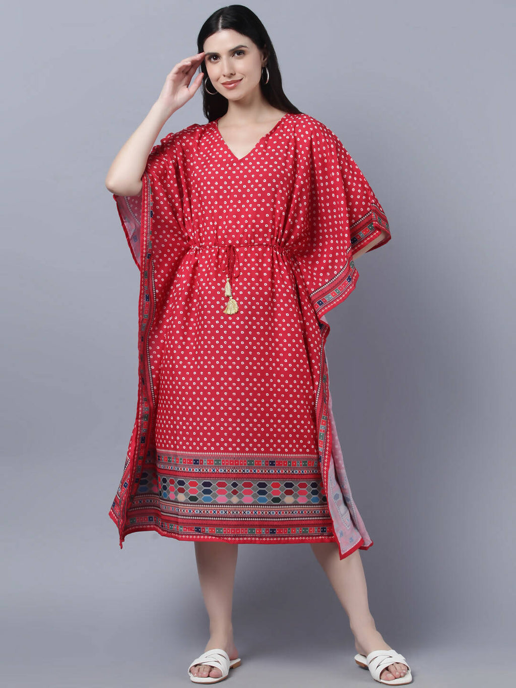 Myshka Women's Red White Ethnic Motifs Printed Kaftan Midi Dress | Grocsy