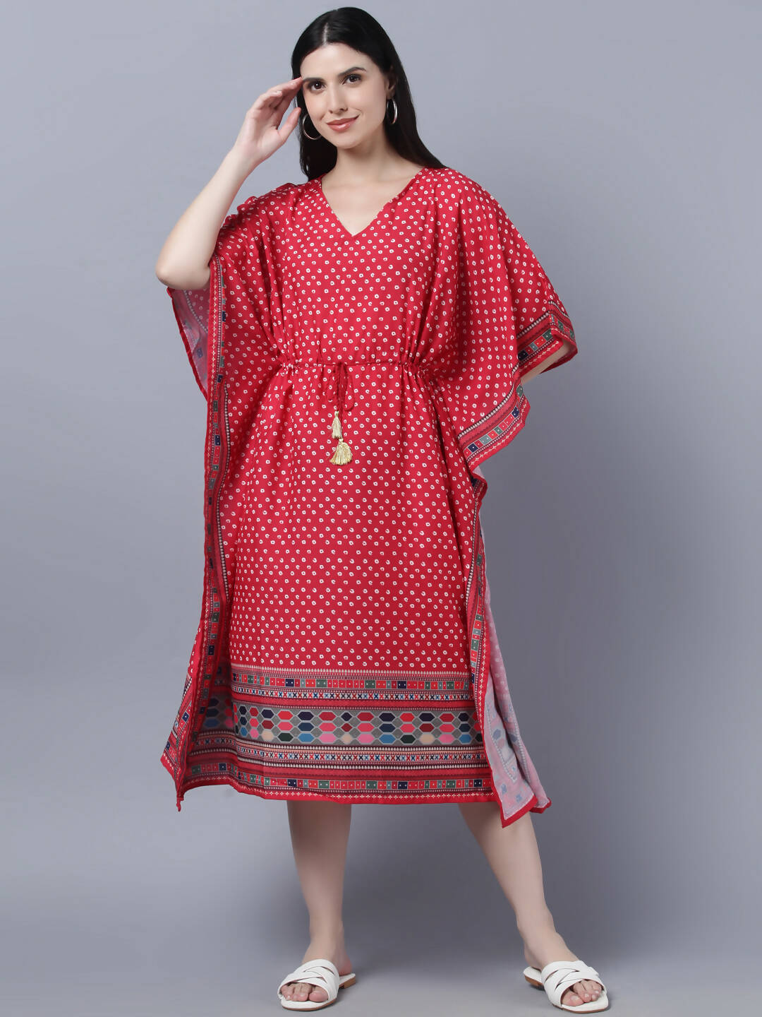 Myshka Women's Red White Ethnic Motifs Printed Kaftan Midi Dress | Grocsy