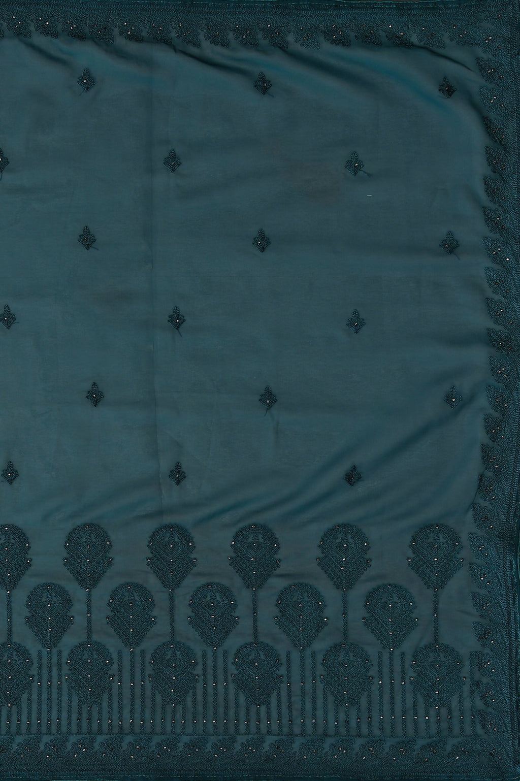 Teal Georgette Embroidered and Stone Work Saree with Unstitched Blouse Piece - Roozal | Grocsy