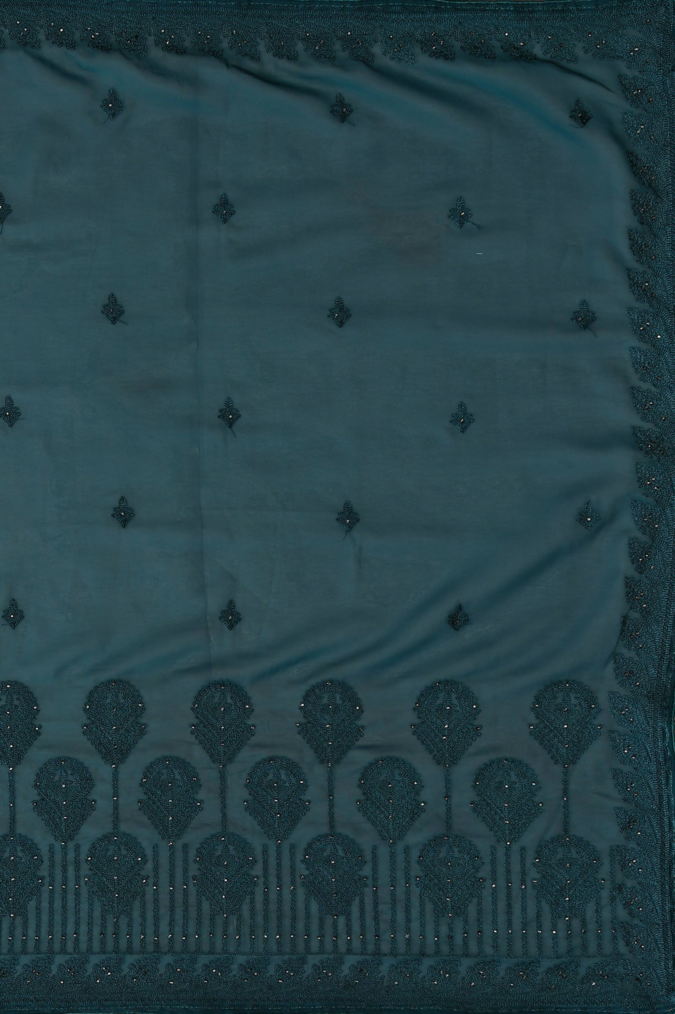 Teal Georgette Embroidered and Stone Work Saree with Unstitched Blouse Piece - Roozal | Grocsy