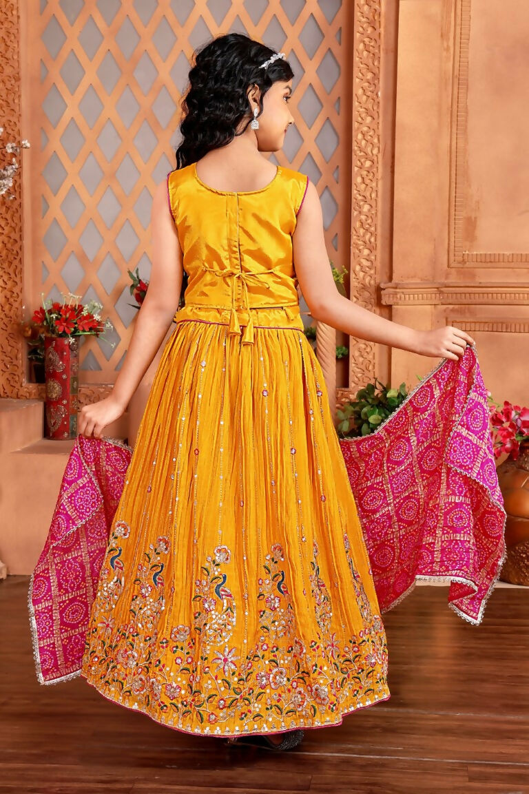 Kids Functional Designer Mustard Chinon Fab Lehenga choli - Aaradhna | Grocsy