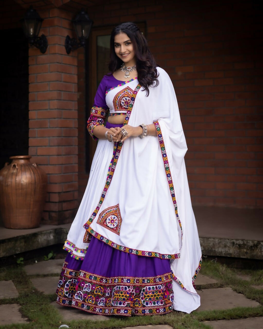 Yash Enterprise Purple White Rayon Cotton Embroidery Semi Stitched Navratri Top Chaniya Choli | Grocsy