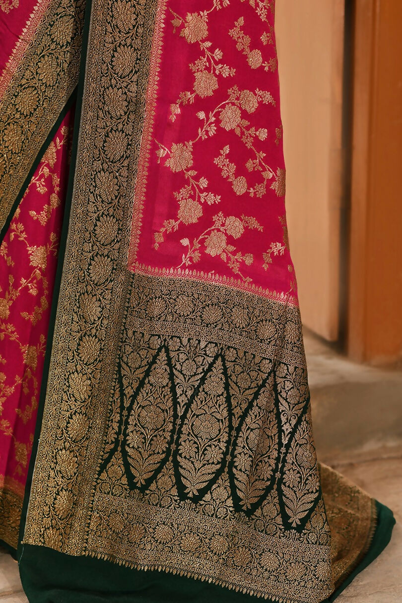 Joban Fashion Hot Pink Crepe Chiffon Pure Handloom Banarasi Silk Saree | Grocsy