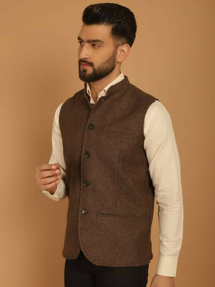 Even Apparels Pure Wool Nehru Jacket - Brown | Grocsy