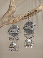 NVR Women's Silver-Toned Elephant Design German Silver Oxidised Dome Shaped Jhumka Earrings | Grocsy